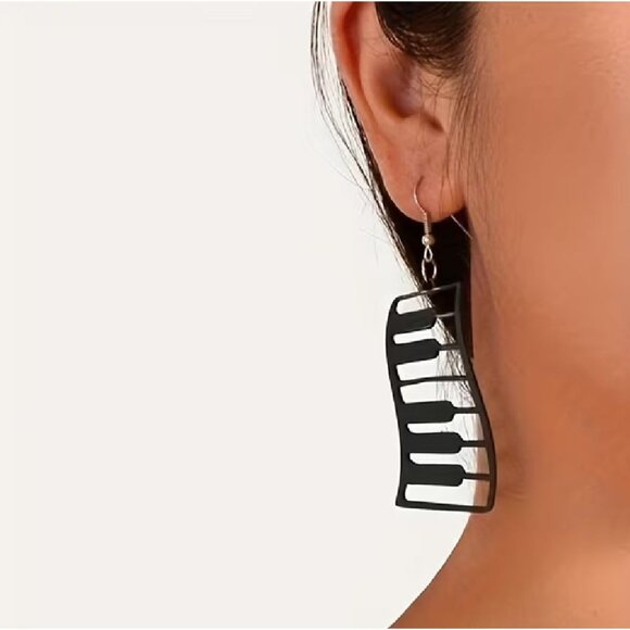 Piano Keyboard Earrings Black Acrylic Music Dangle Earrings - Picture 3 of 8